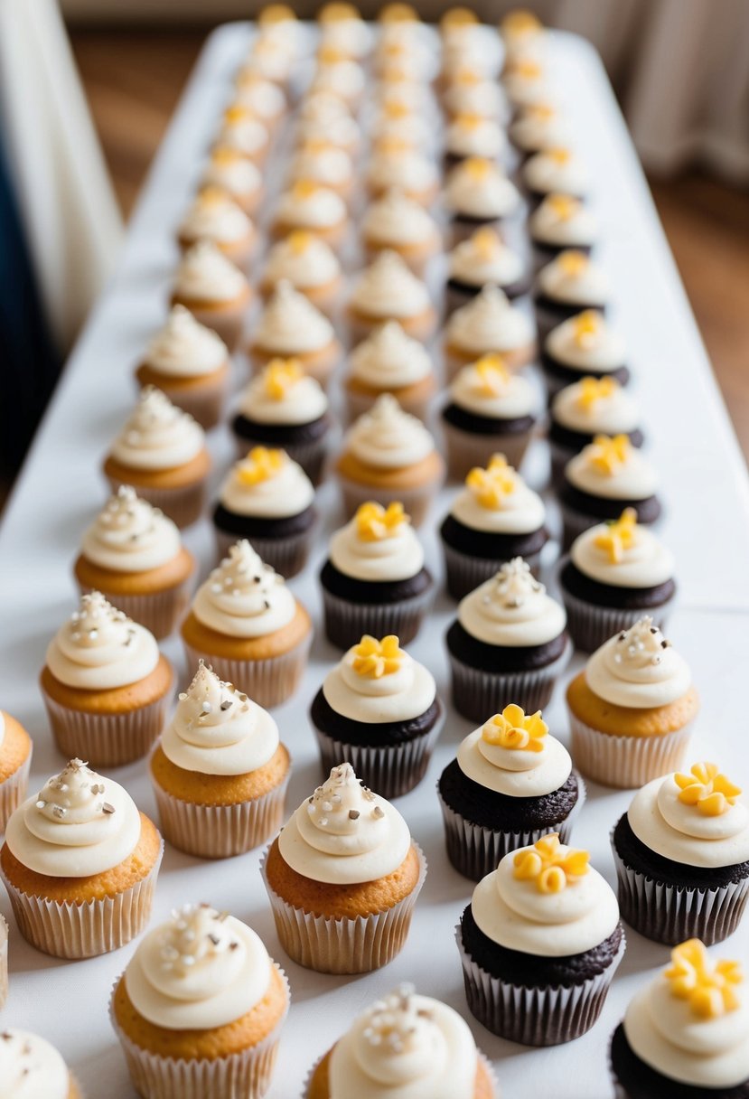 A table with rows of neatly arranged cupcakes, each adorned with delicate frosting and decorative toppings, awaits the wedding guests