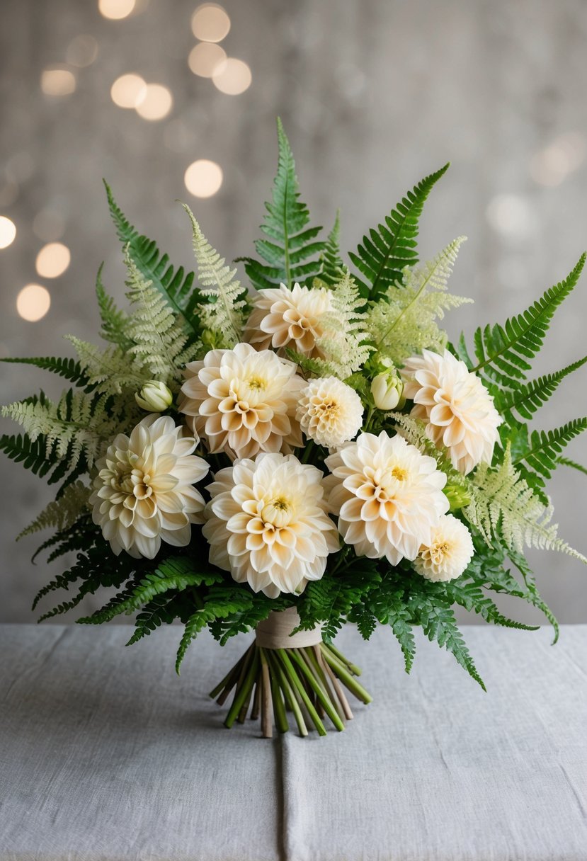 A lush bouquet of beige dahlias and ferns arranged in a neutral color palette