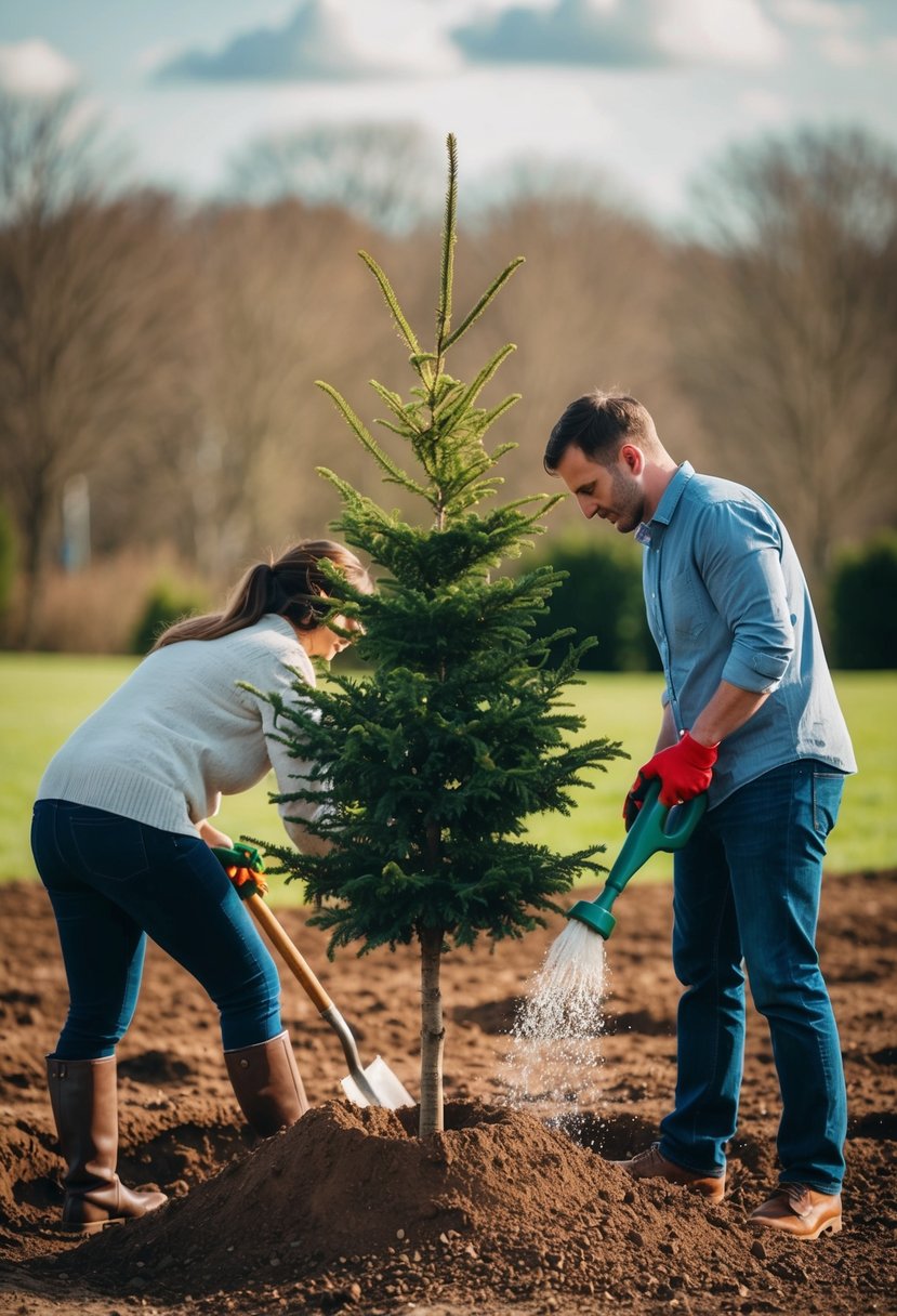 A couple digs a hole, while another waters a newly planted tree