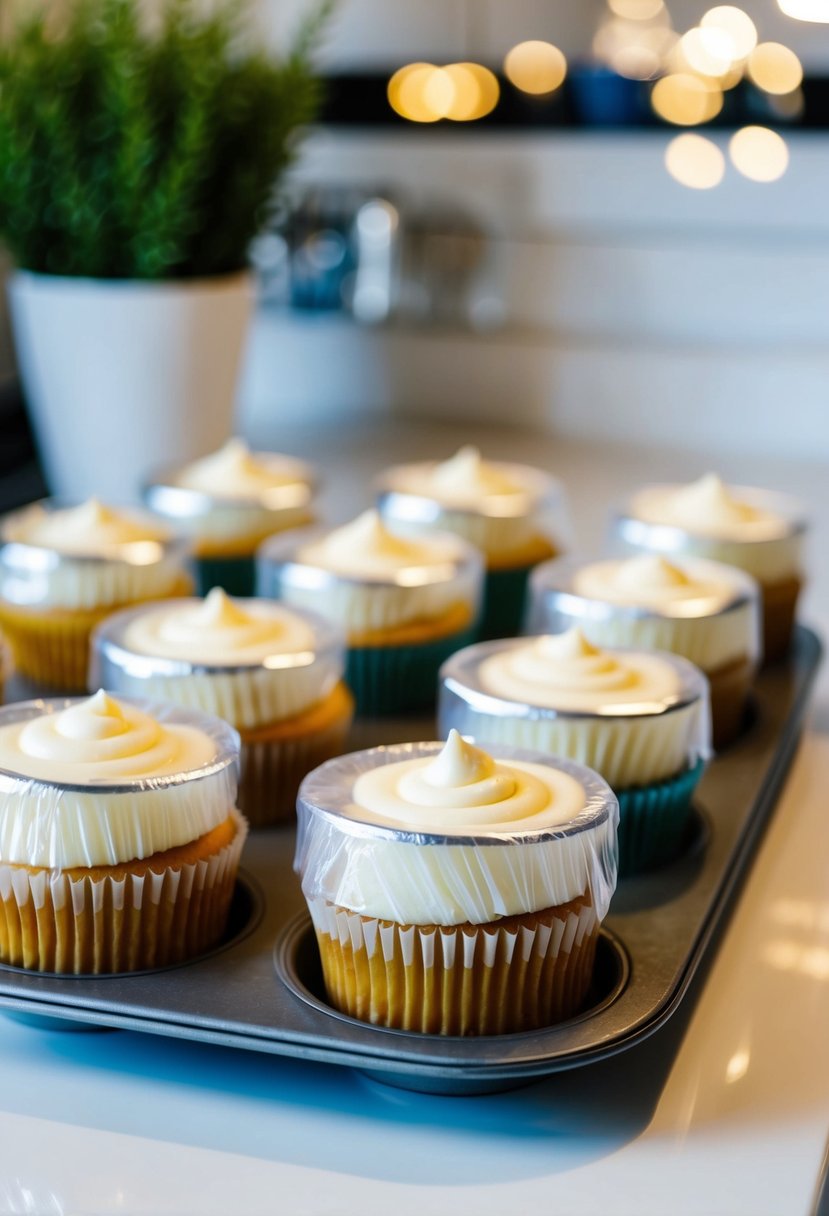 Cupcakes covered in cling film on a tray, sitting on a kitchen counter overnight