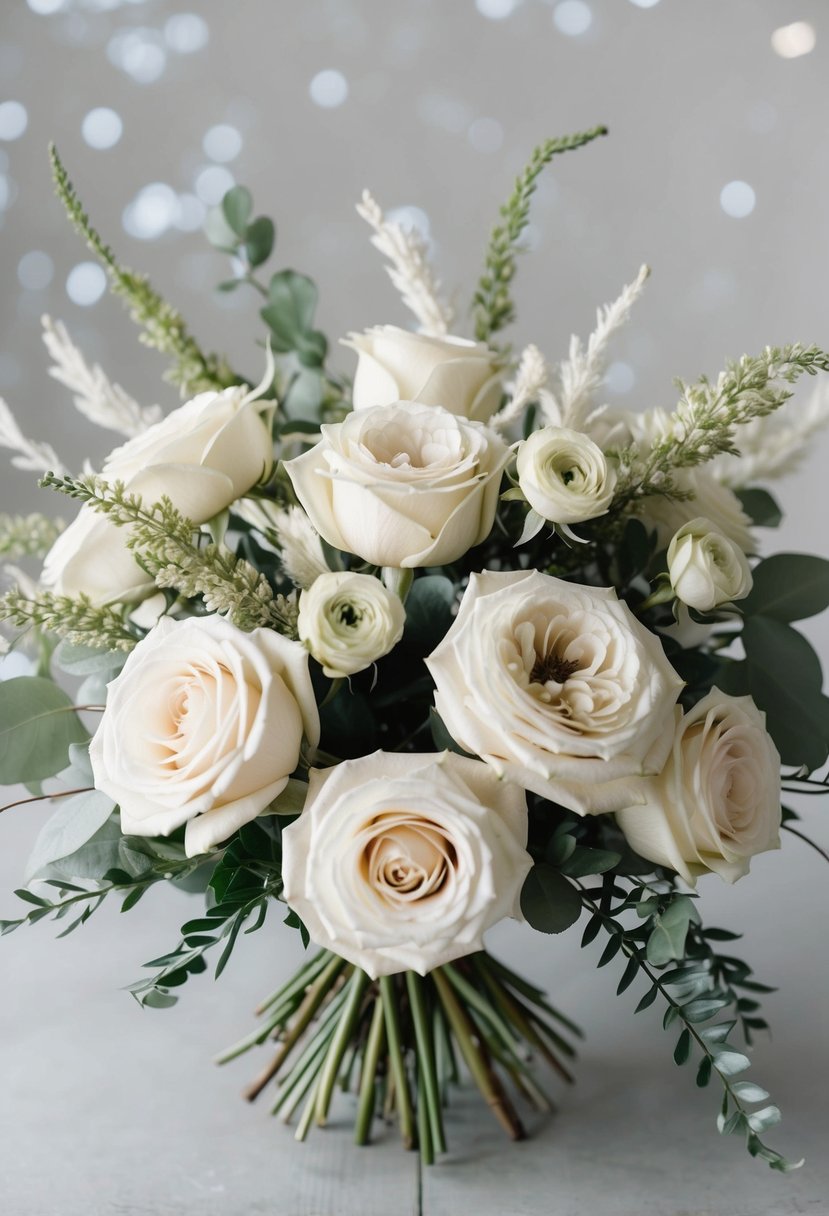 A bouquet of cream roses and bleached greenery arranged in a neutral color palette