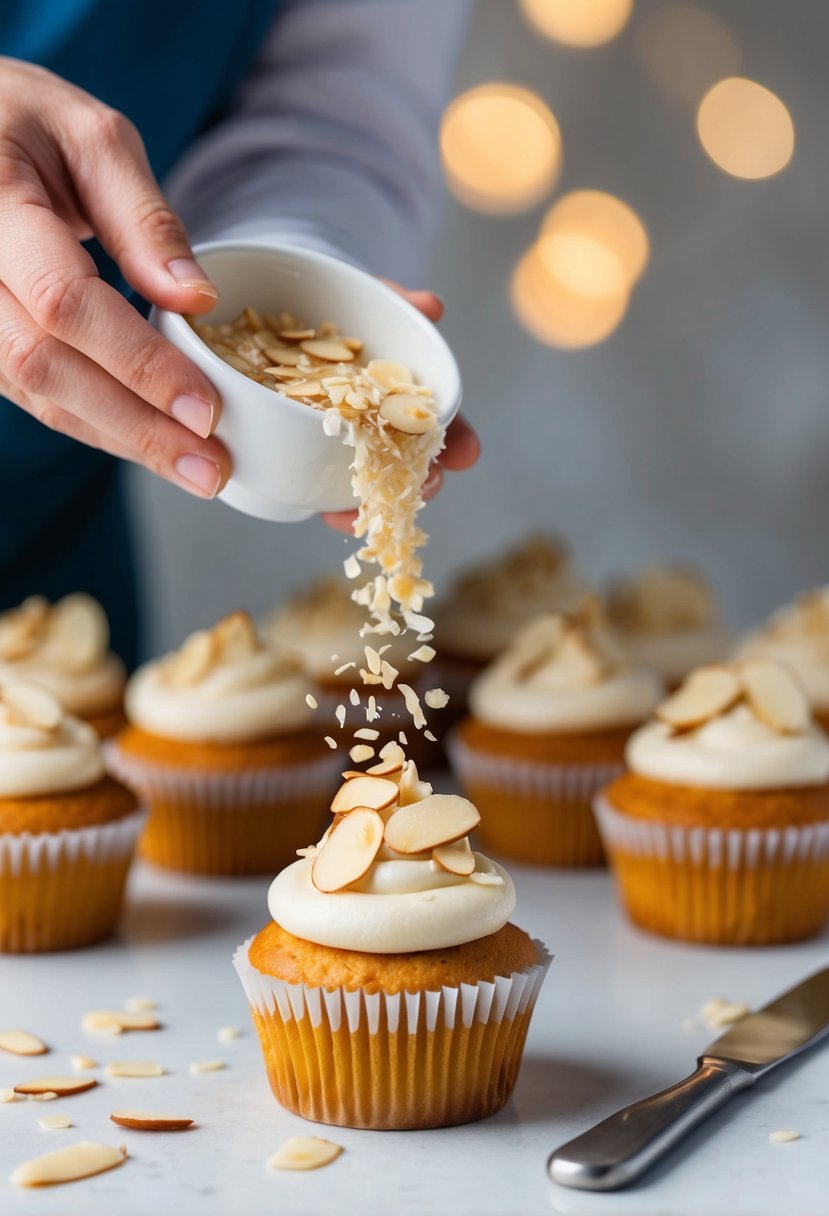 A baker carefully sprinkles almond flakes onto a freshly frosted wedding cupcake