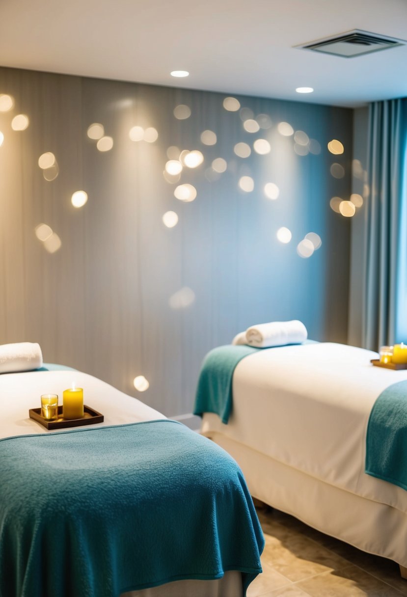 A serene spa room with two massage tables, soft lighting, and soothing music. Aromatherapy scents fill the air, creating a relaxing atmosphere for a couple's spa day