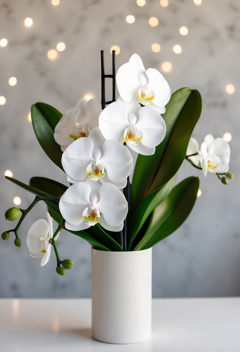 A modern, neutral-toned wedding bouquet featuring white orchids in a sleek, minimalist style