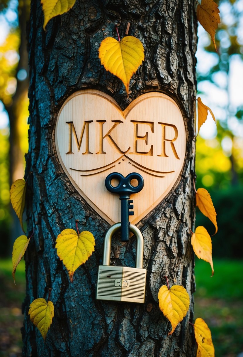 A couple's initials carved into a tree surrounded by heart-shaped leaves, with a vintage key and lock intertwined, symbolizing 15 years of love and commitment