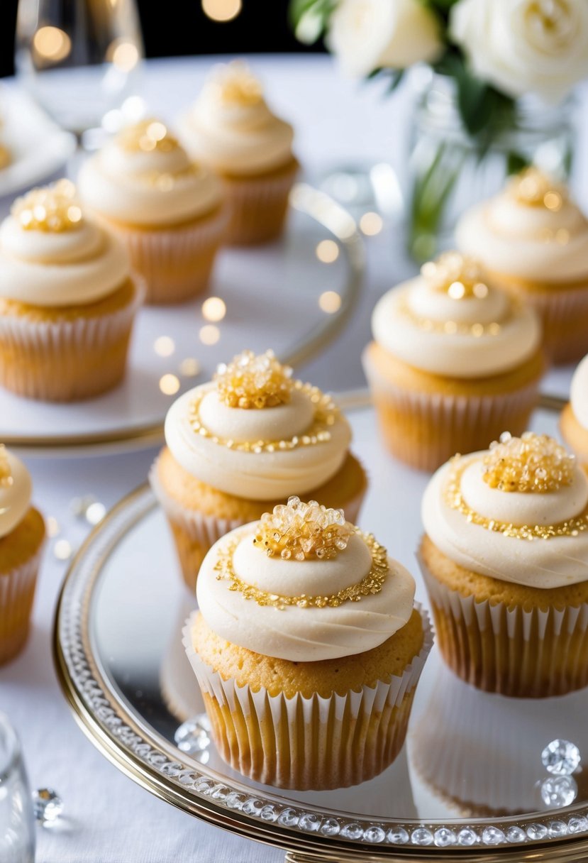 A table set with delicate champagne frosted wedding cupcakes, adorned with gold accents and sparkling sugar crystals, creating a celebratory and elegant vibe