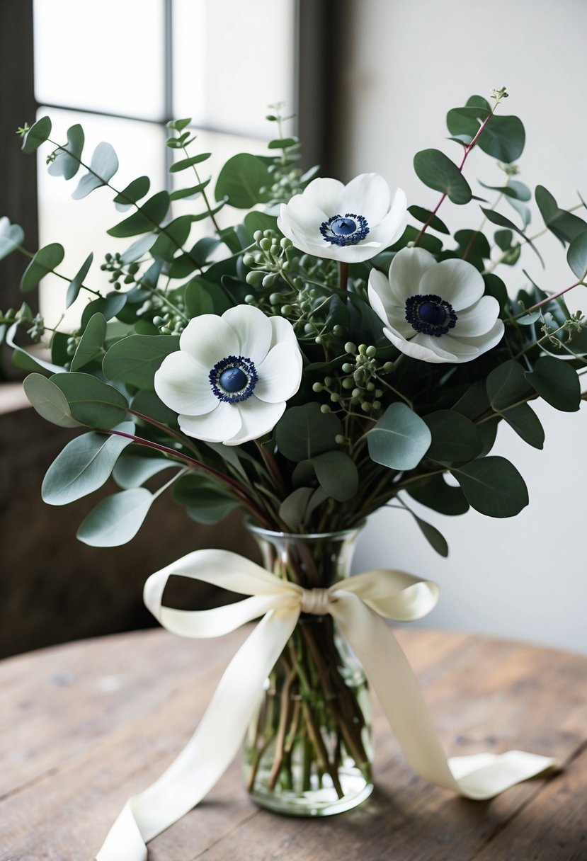 A delicate arrangement of anemones and eucalyptus, tied with a silk ribbon, sits on a rustic wooden table