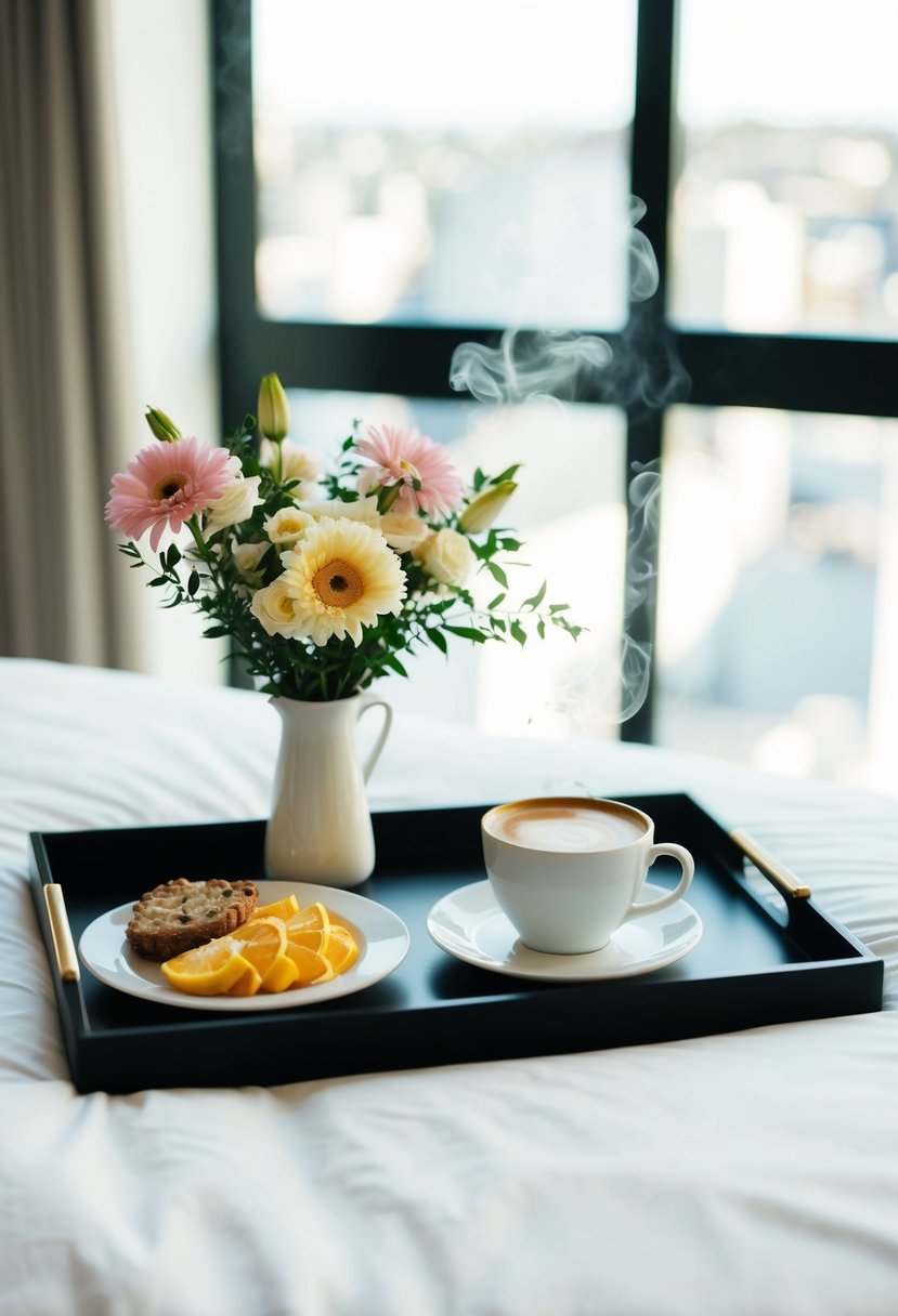 A tray with a vase of flowers, a steaming coffee cup, and a plate of breakfast foods sits on a neatly made bed