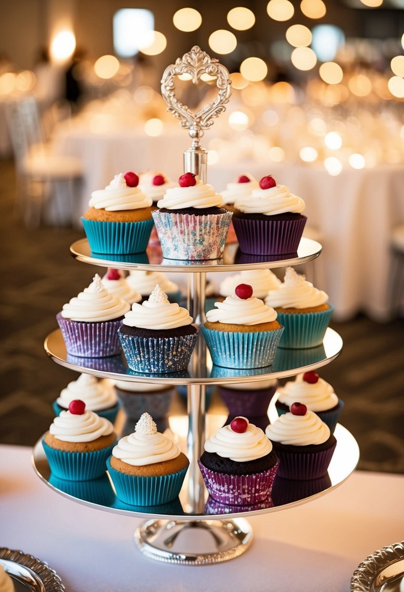 A display of oversized cupcakes with various decorative liners for a wedding