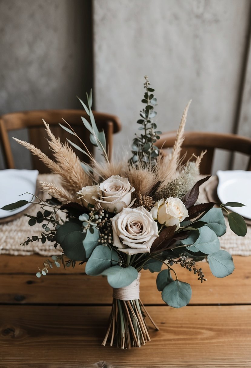 A wooden table adorned with a neutral boho wedding bouquet featuring preserved roses, eucalyptus, and other dried foliage