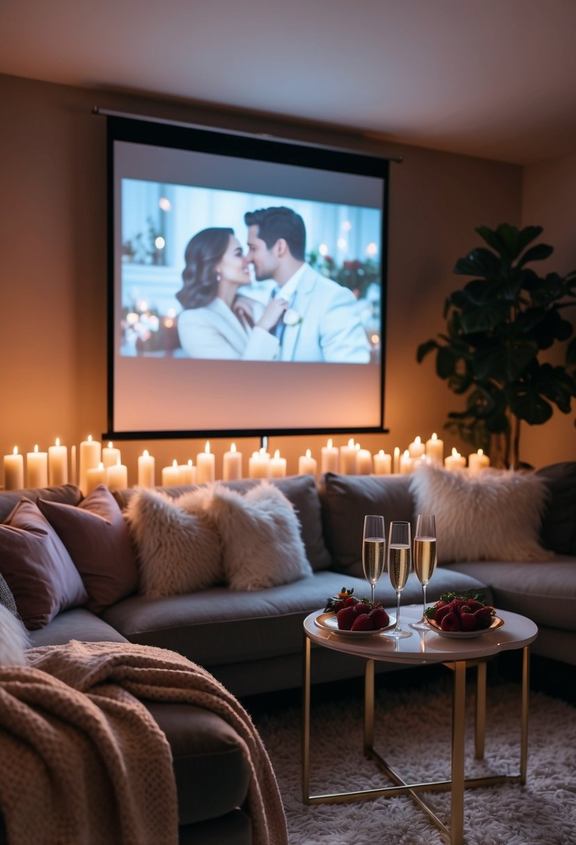 A cozy living room with dimmed lights, flickering candles, and a plush couch adorned with soft blankets and fluffy pillows. A projector screen displays a classic romantic movie while a table is set with champagne and chocolate-covered strawberries