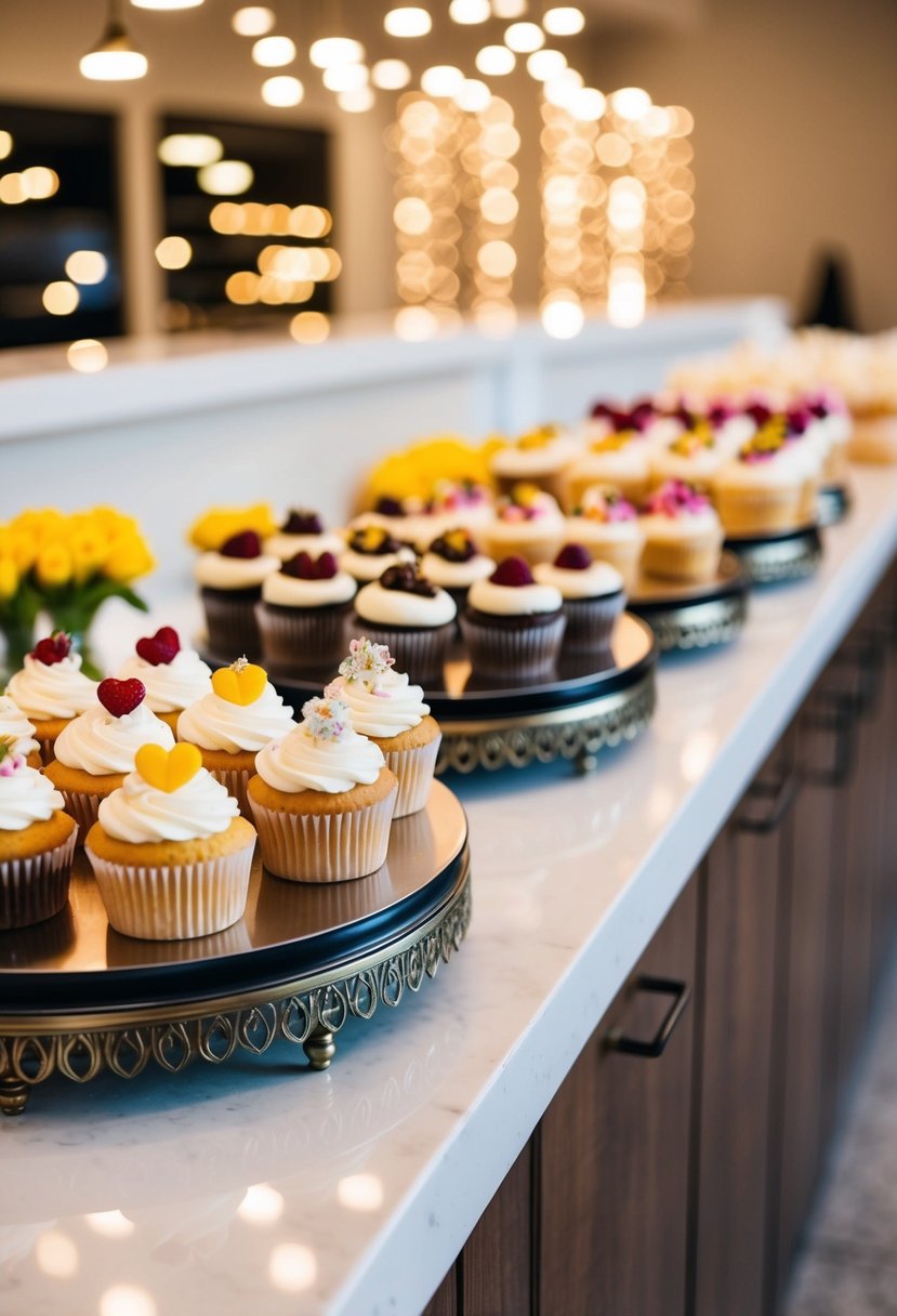 A countertop with a display of freshly baked wedding cupcakes in a variety of flavors and decorative toppings