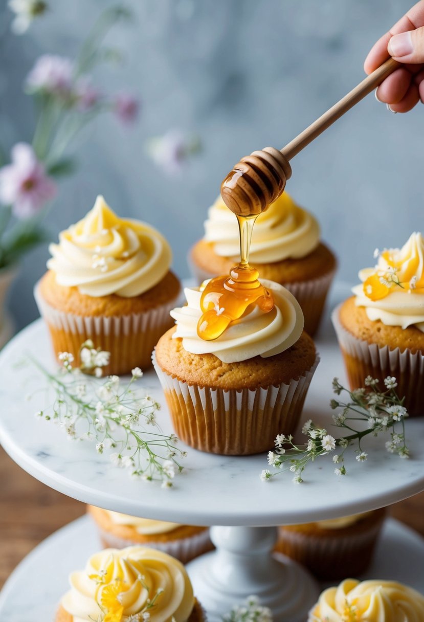 A cupcake with honey drizzled on top, surrounded by delicate floral decorations and placed on a tiered stand