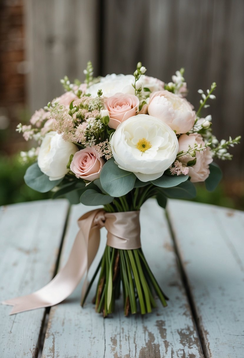 A delicate bouquet of soft blush and white flowers, tied with a satin ribbon, rests on a weathered wooden table