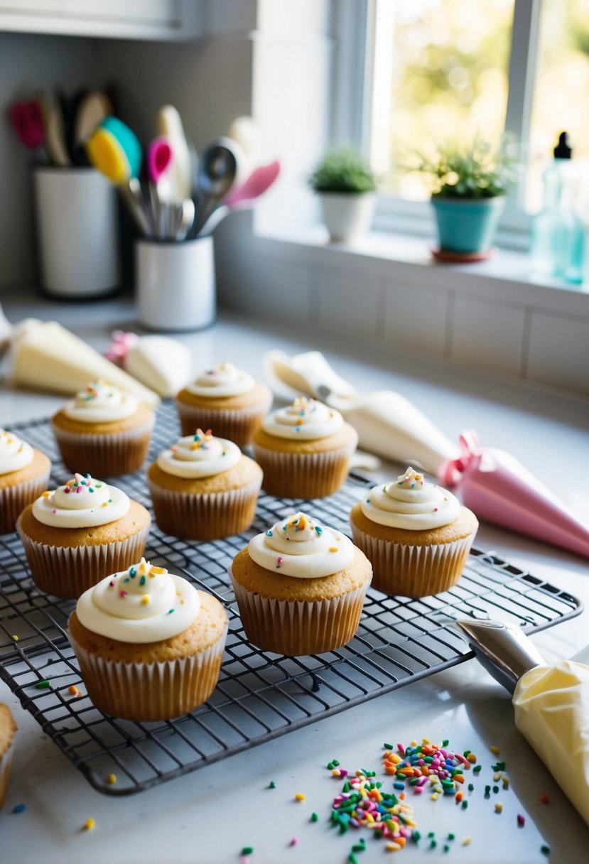 A kitchen counter with freshly baked cupcakes cooling on a wire rack, surrounded by piping bags, sprinkles, and frosting