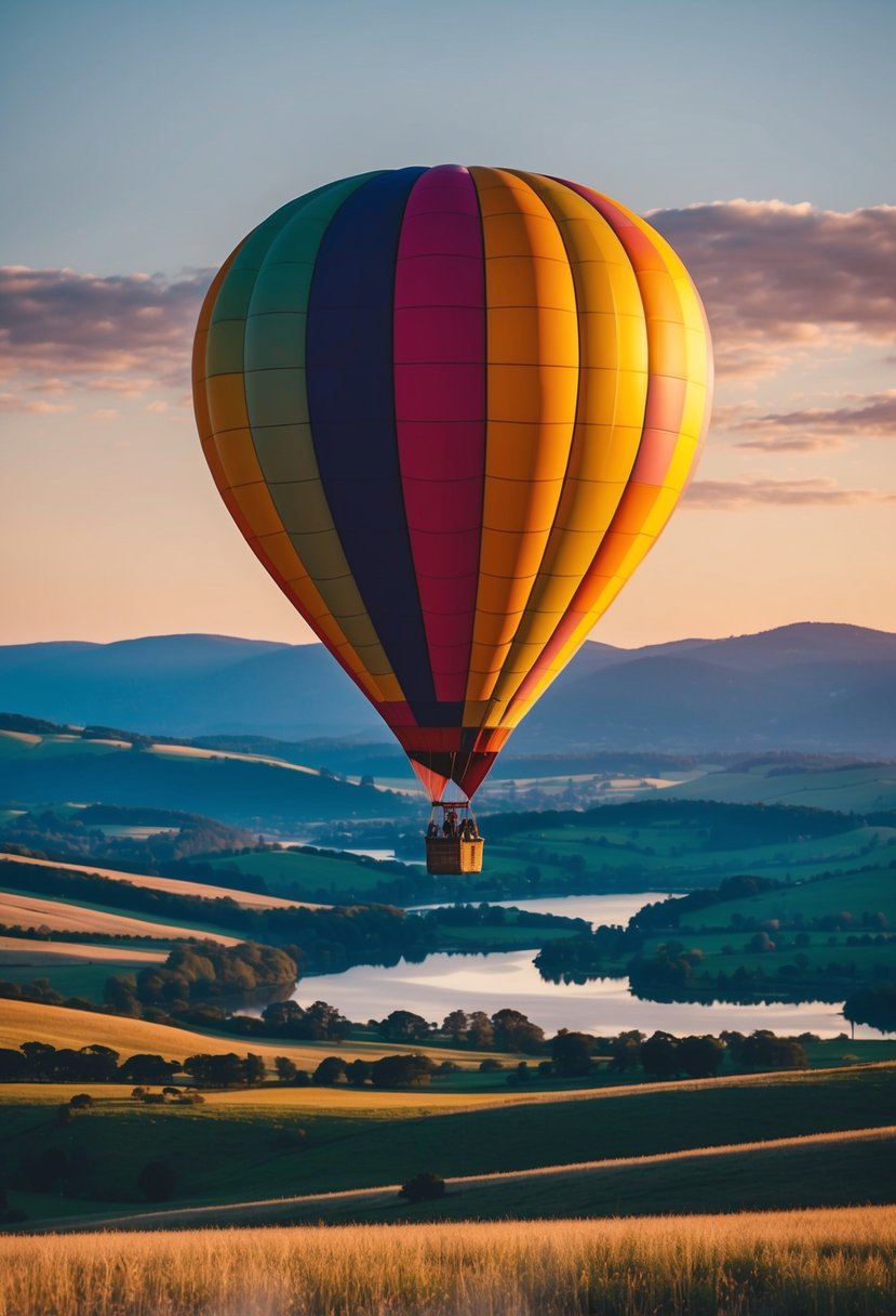 A colorful hot air balloon floats peacefully over a picturesque landscape of rolling hills and serene lakes, with the sun setting in the background