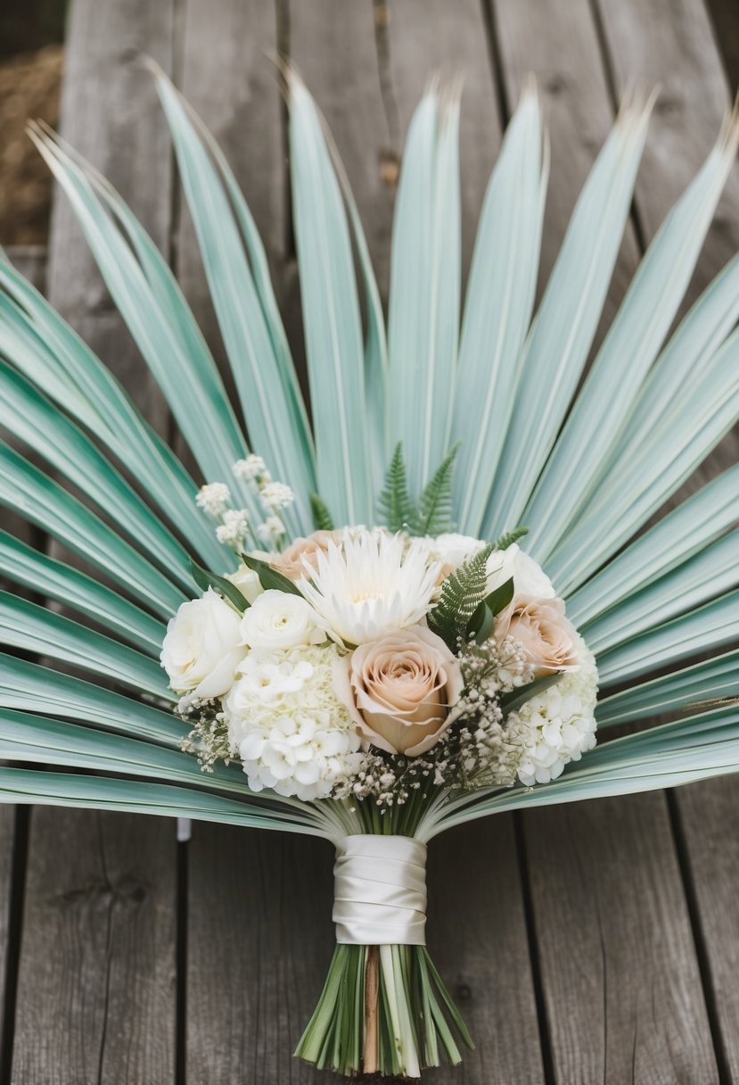 Bleached palm leaves arranged with neutral flowers in a wedding bouquet