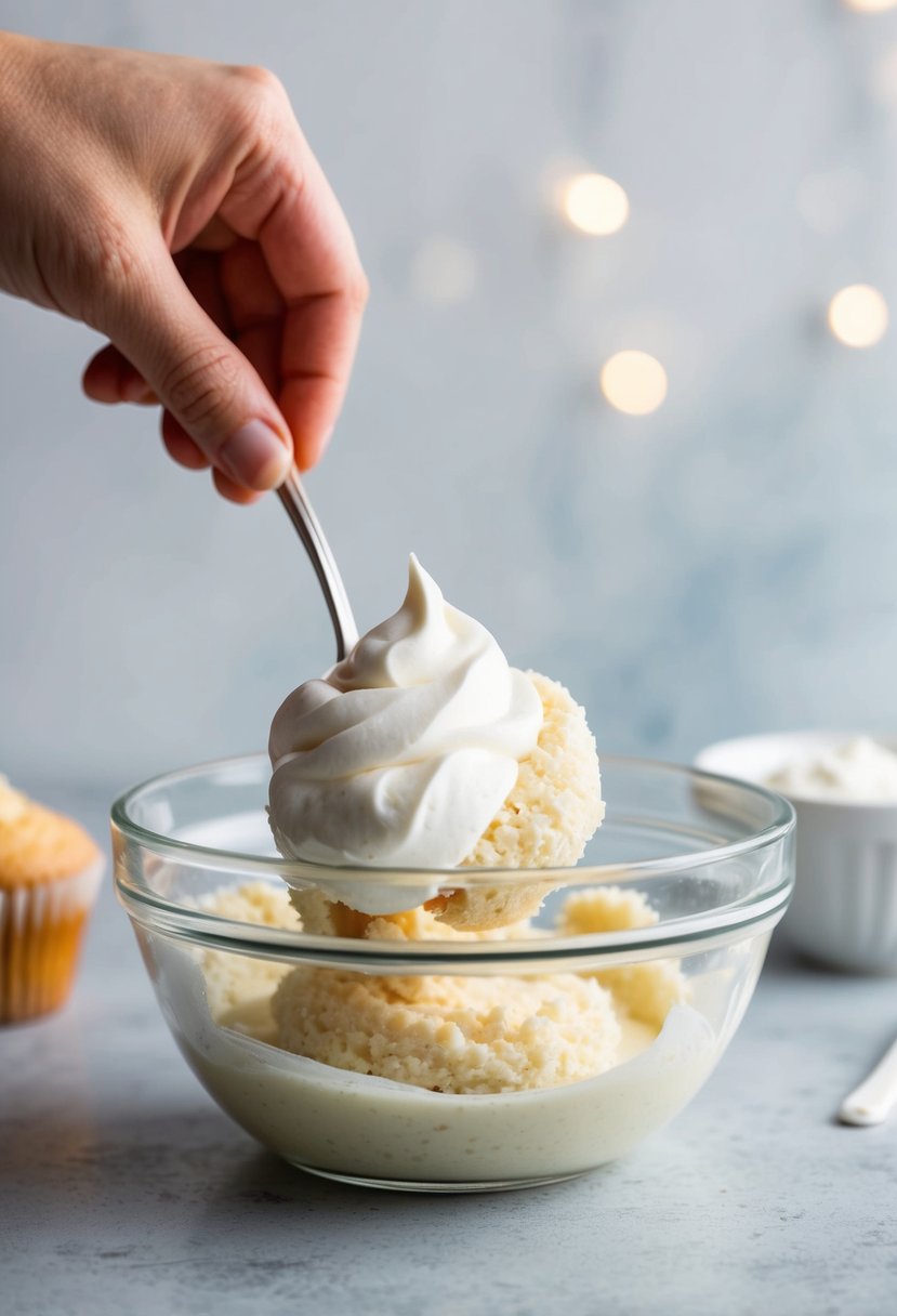 A dollop of white sour cream being folded into cupcake batter for a fluffy texture