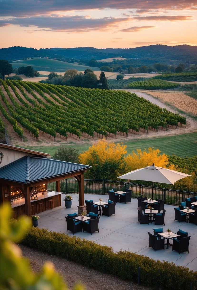 A picturesque winery with rolling vineyards, a rustic tasting room, and a romantic outdoor seating area overlooking the sunset