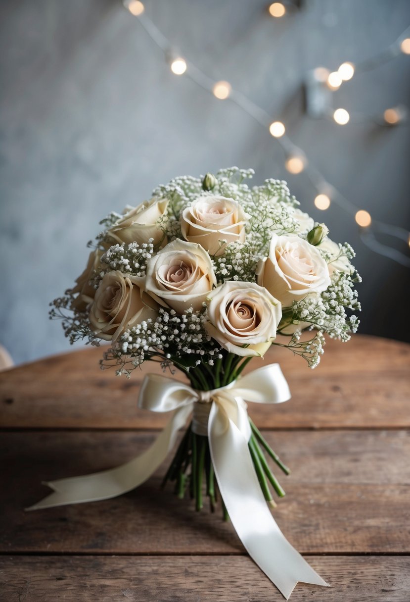 A delicate bouquet of beige roses and baby's breath tied with a satin ribbon rests on a rustic wooden table