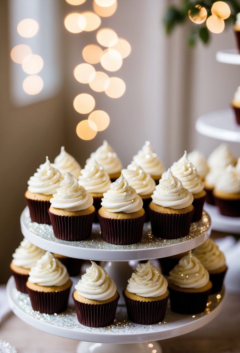 A display of elegant wedding cupcakes adorned with sparkling edible glitter