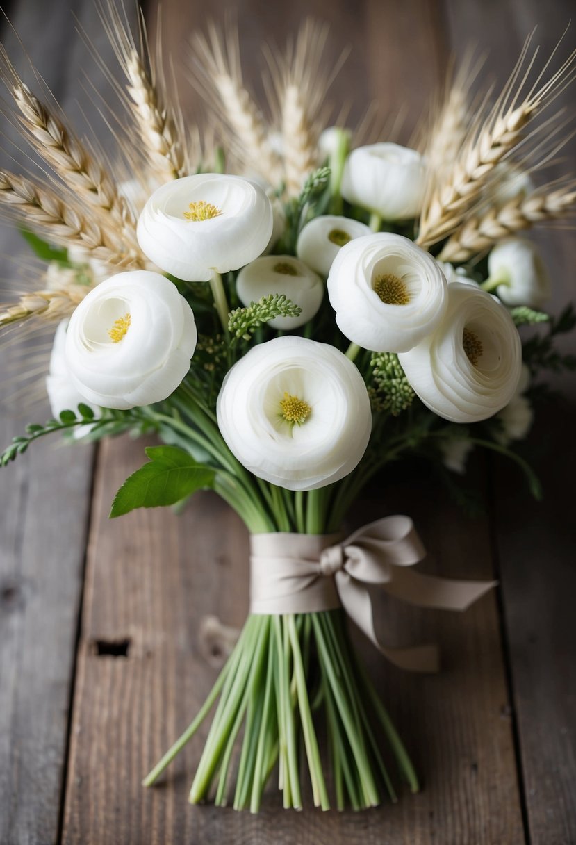 A delicate bouquet of ivory ranunculus and wheat, tied with a neutral ribbon, sits on a rustic wooden table