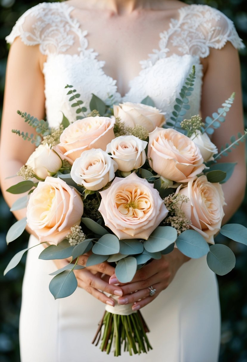 A bouquet of soft peach roses and neutral foliage arranged in a delicate, elegant wedding bouquet