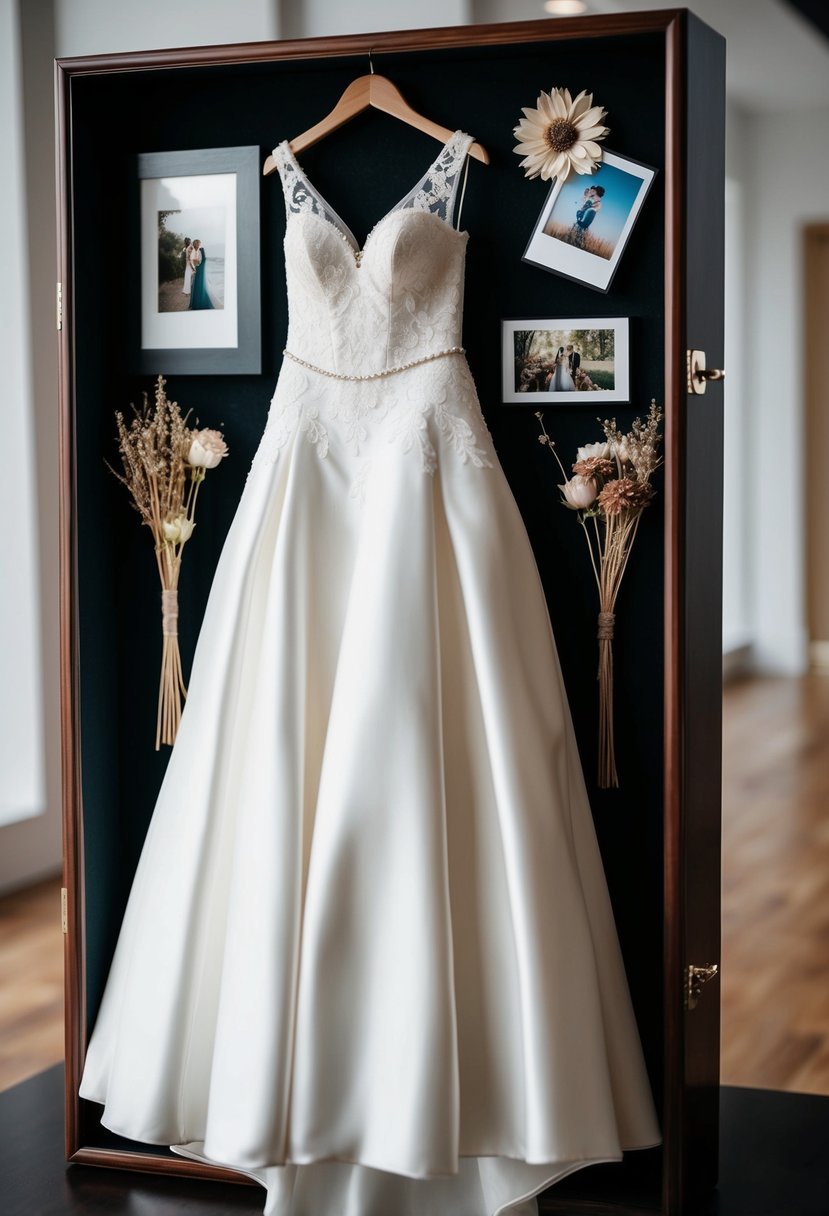 A wedding dress displayed in a shadow box with dried flowers and a photo album