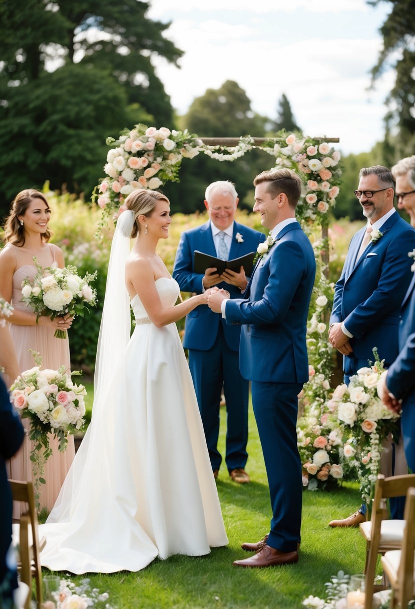 A couple exchanging vows in a garden, surrounded by family and friends. Flowers and elegant decor adorn the outdoor venue