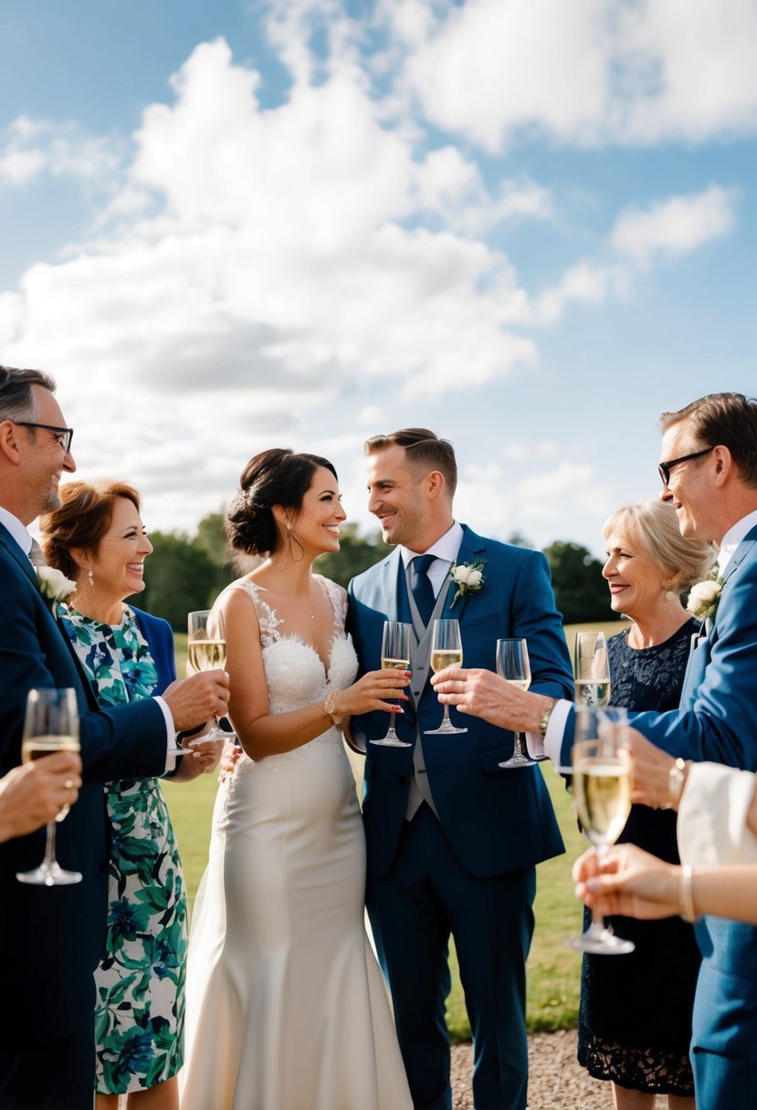 A couple stands together, surrounded by a small group of close friends and family, toasting to their second wedding. The setting is intimate and relaxed, reflecting their personal preference for a smaller celebration