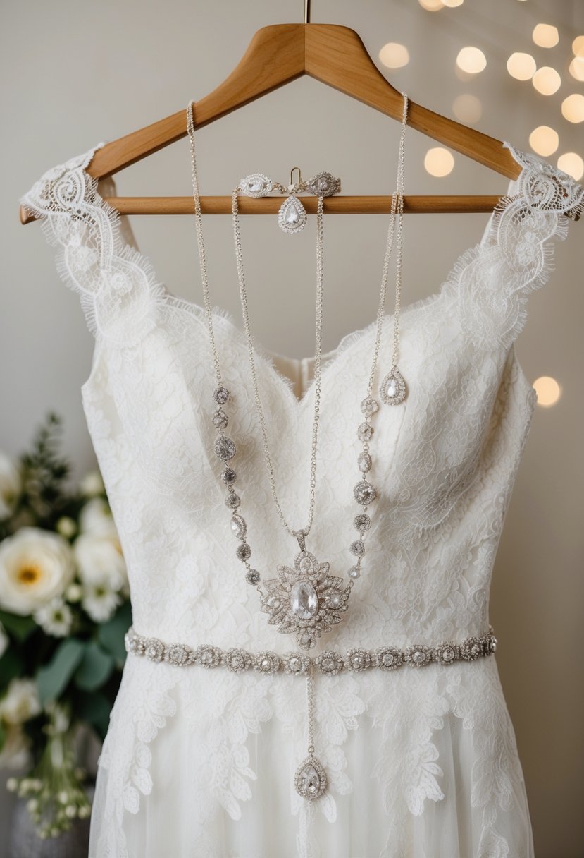 Delicate lace and beading bridal jewelry set arranged on a lace wedding dress