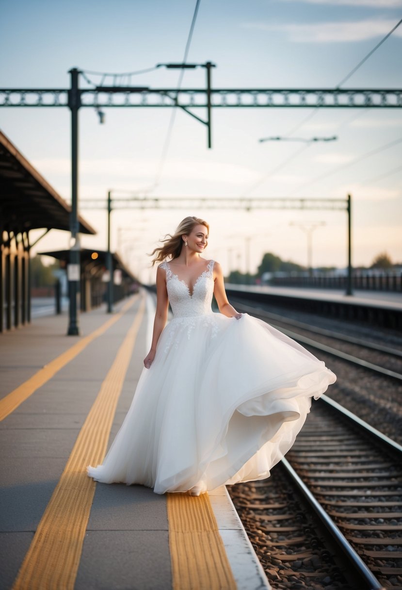 A wedding dress flowing in the wind on an empty train platform