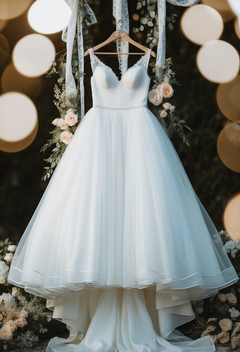 A flowing white dress on a hanger, surrounded by delicate lace and floral accents