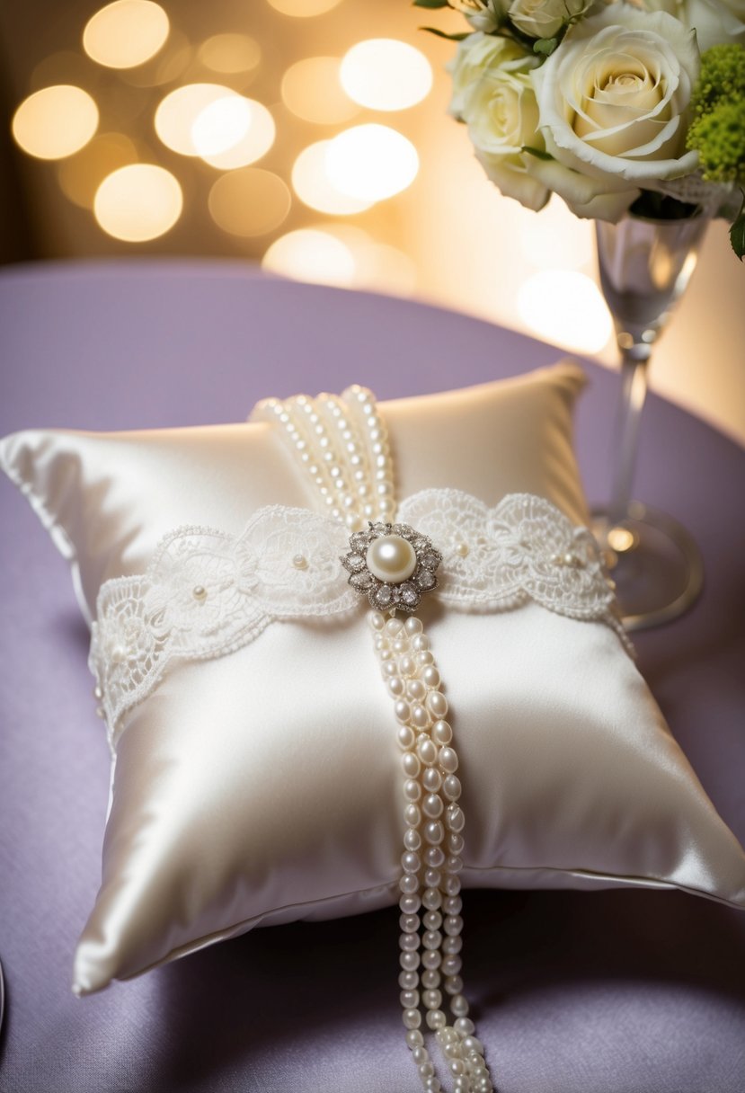 A satin ring bearer's pillow adorned with lace and pearls, featuring a pocket to hold a piece of a wedding dress