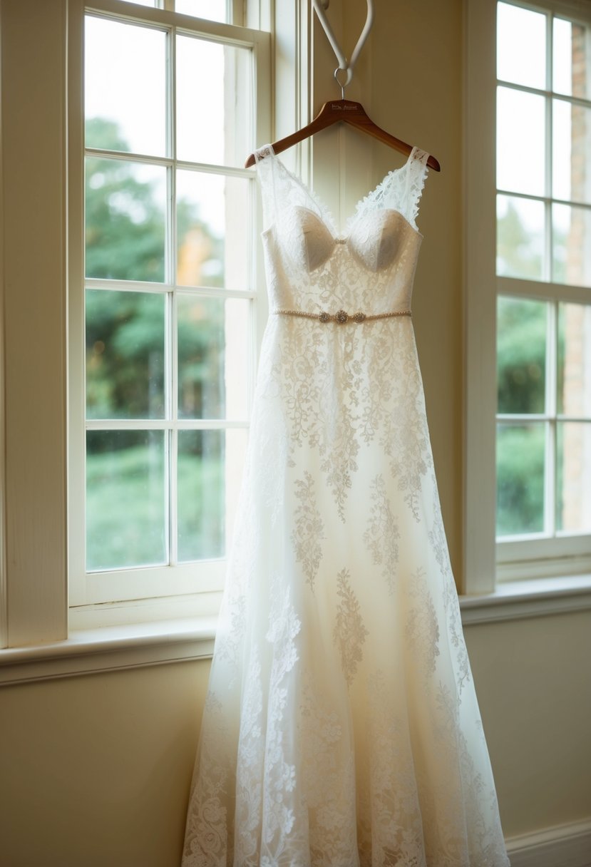 An elegant lace A-line wedding dress hanging on a vintage wooden hanger, with soft natural light streaming in from a nearby window