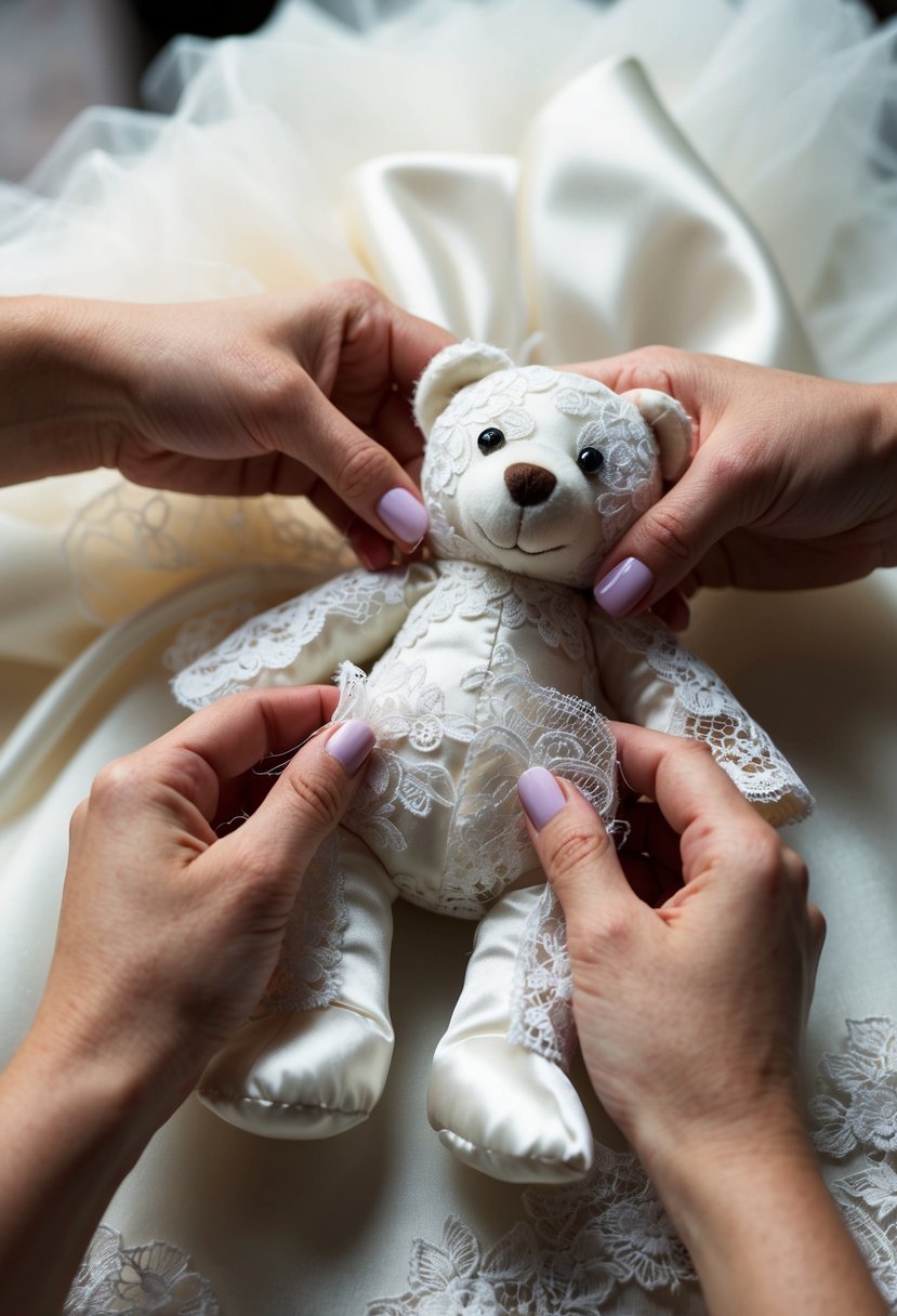 A pair of delicate hands carefully sewing together pieces of lace and satin to create a beautiful teddy bear, using a wedding dress as the material