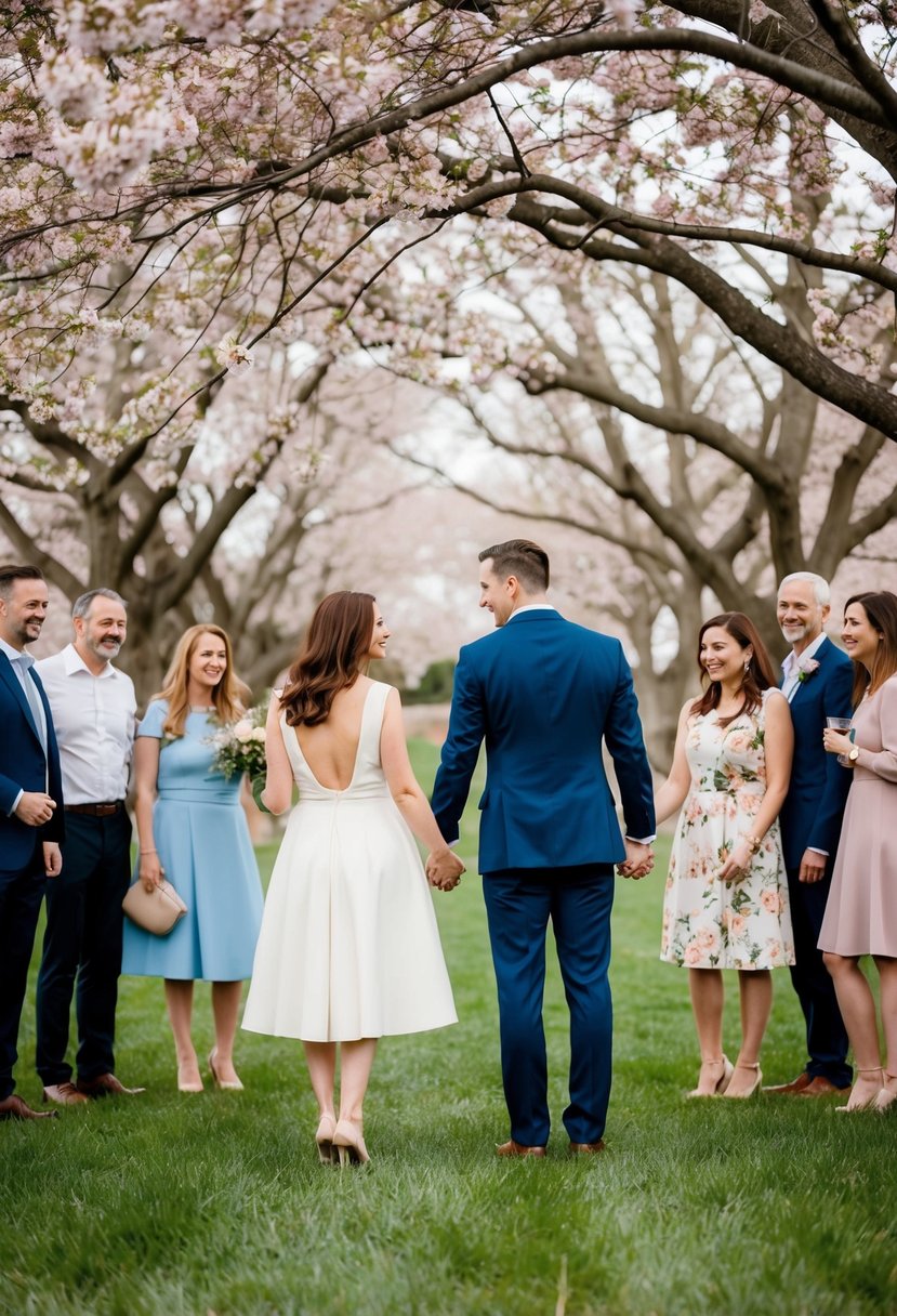 A couple holding hands under a blooming tree, surrounded by friends and family