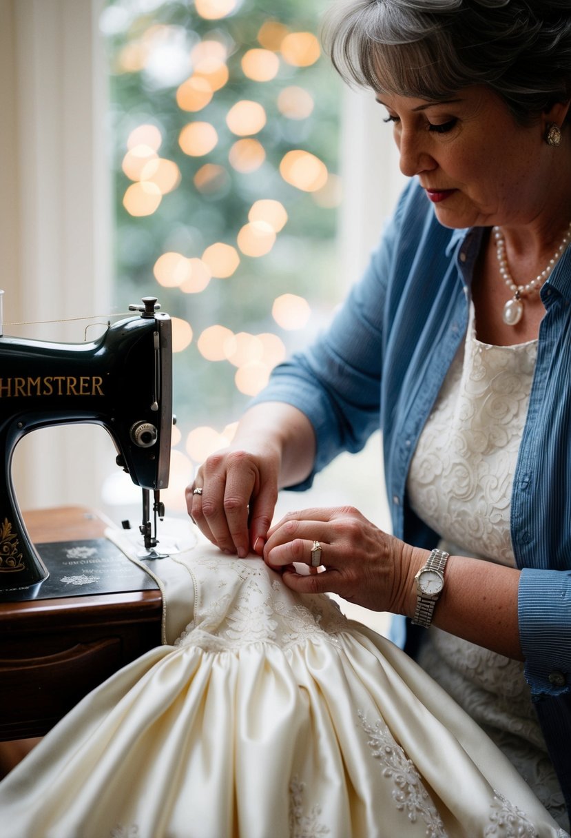 A seamstress carefully stitches a delicate christening gown using the fabric from a cherished family heirloom wedding dress