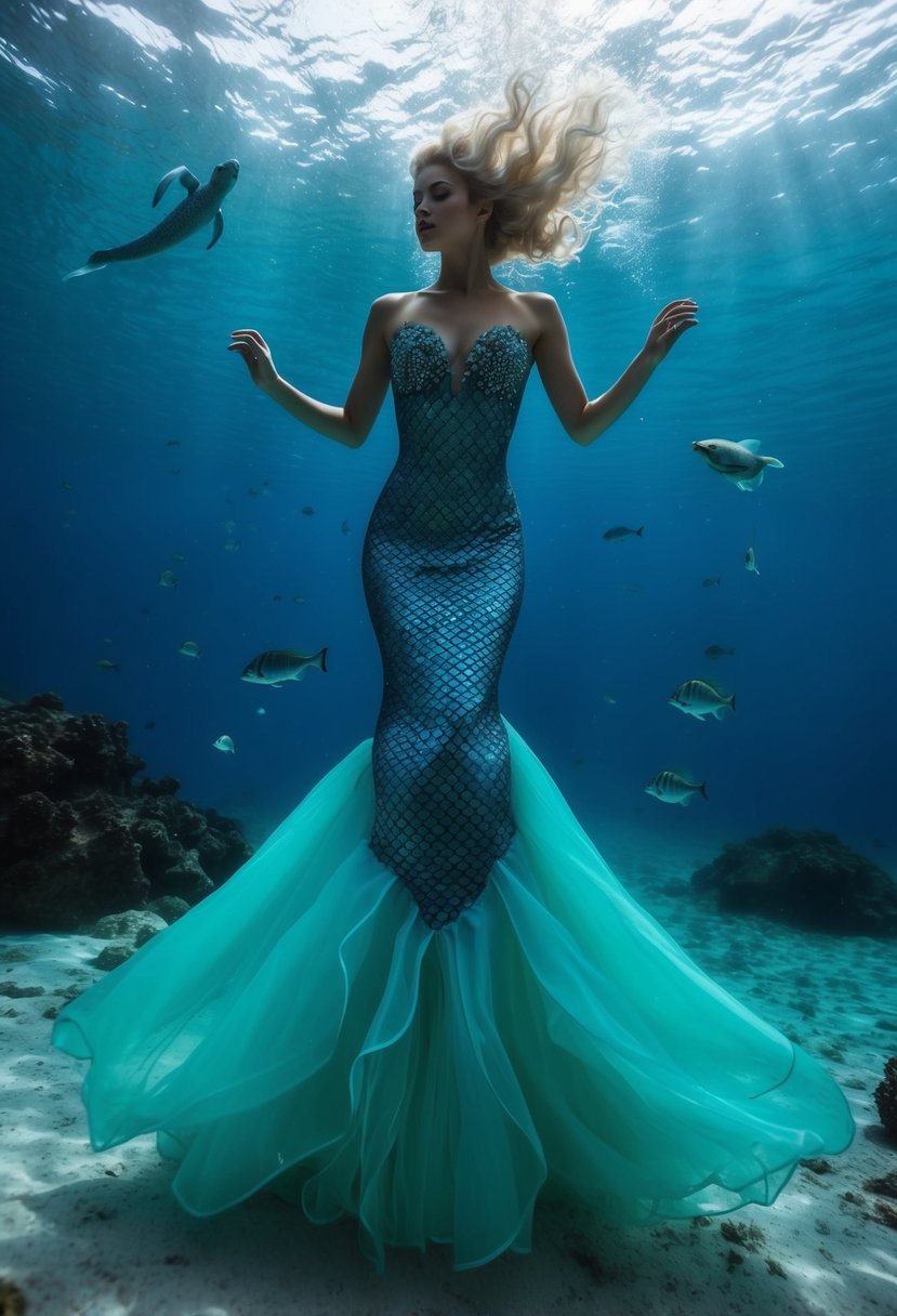 A mermaid silhouette gown flowing underwater, surrounded by shimmering sea creatures