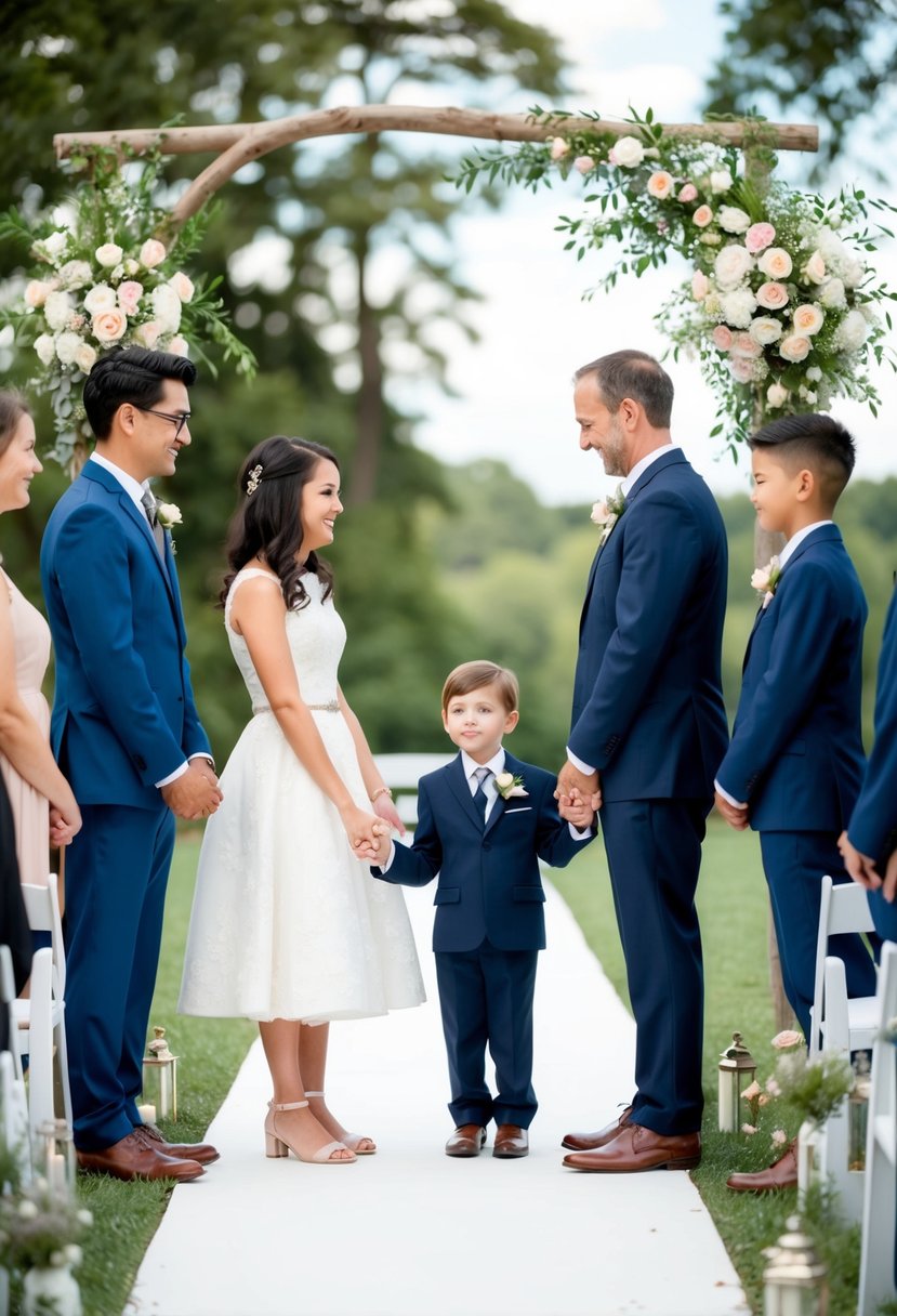 Children from previous marriages stand side by side, holding hands, as their parents exchange vows in a beautiful outdoor ceremony