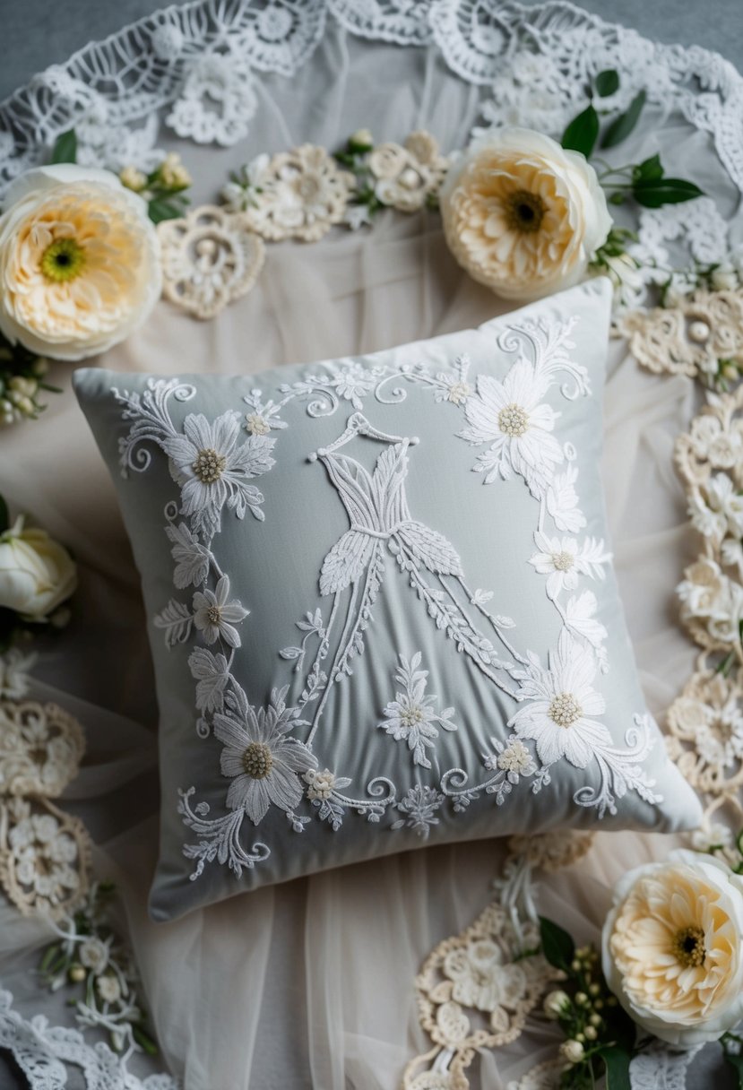 A decorative cushion featuring embroidered wedding dress details, surrounded by delicate lace and floral patterns