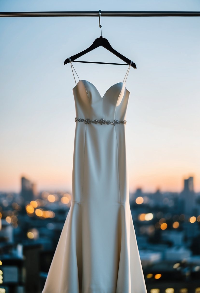 A minimalist wedding dress hanging on a sleek mannequin