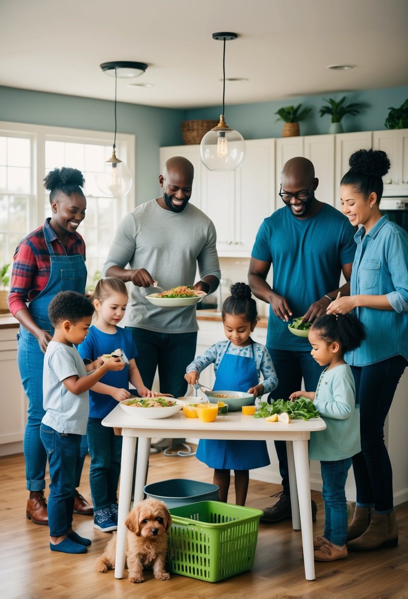 A diverse group of adults and children work together to prepare a meal, clean the house, and care for pets in a loving and supportive environment