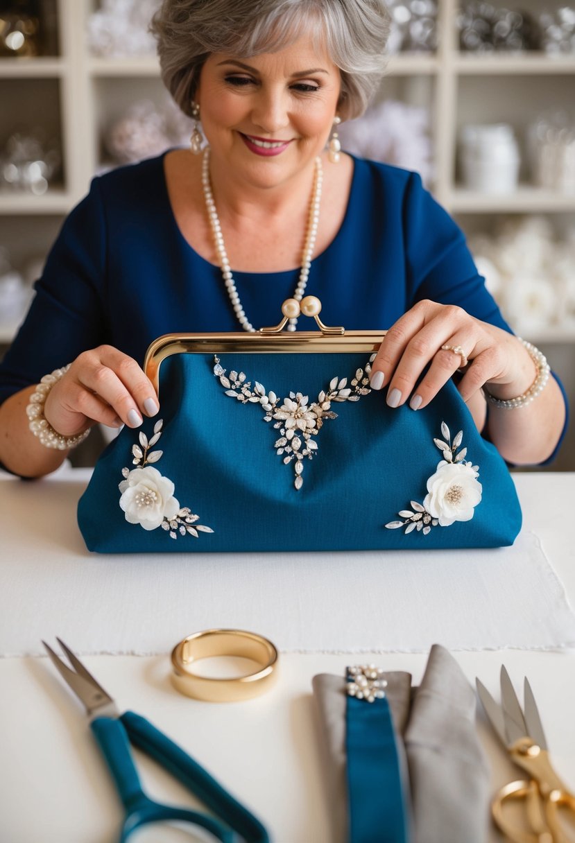 A seamstress transforms fabric into a personalized clutch, incorporating wedding dress details and embellishments