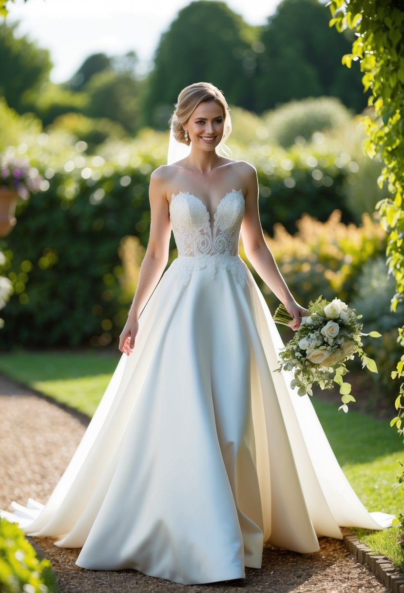 A bride in a short hemline wedding dress walks through a garden, with no train on the dress