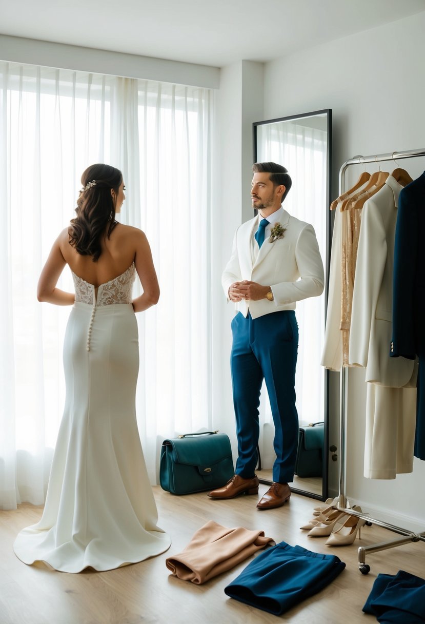 A person standing in front of a mirror, contemplating between a white and non-white outfit for a second wedding, with various clothing options laid out nearby