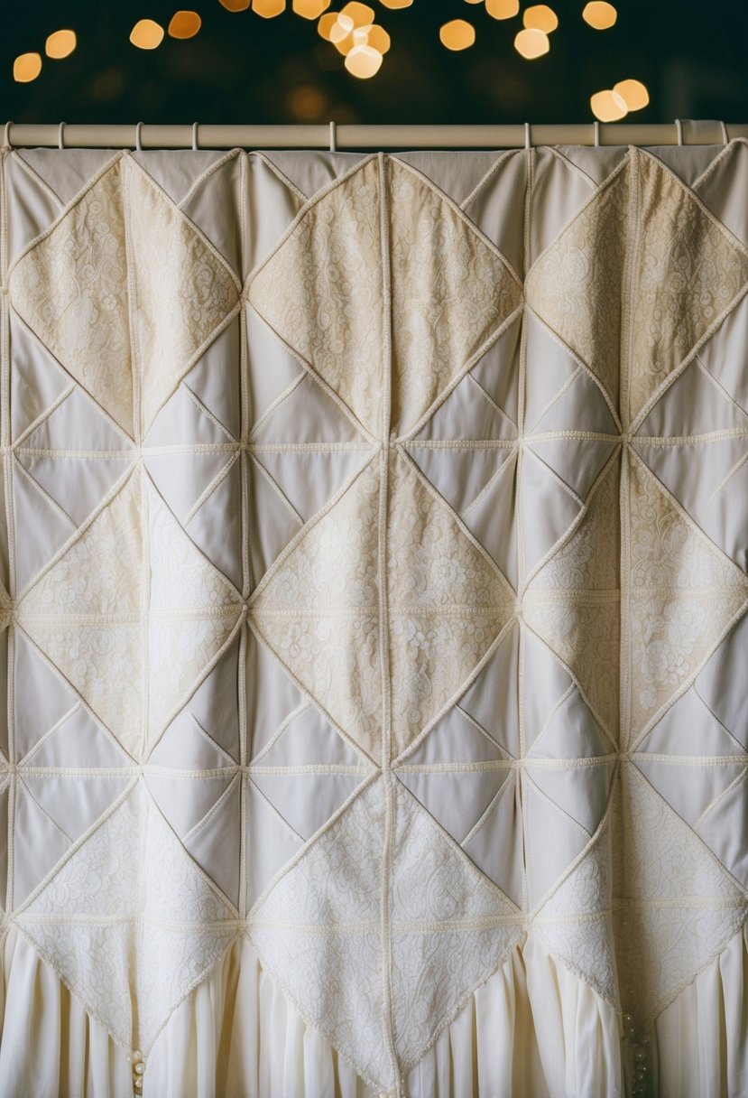 A quilt made of wedding dress panels arranged in a geometric pattern, with delicate lace and beadwork details