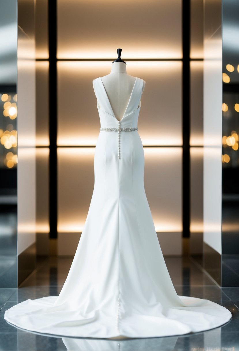 A simple, modern wedding dress with clean lines and no train, set against a backdrop of sleek, contemporary decor