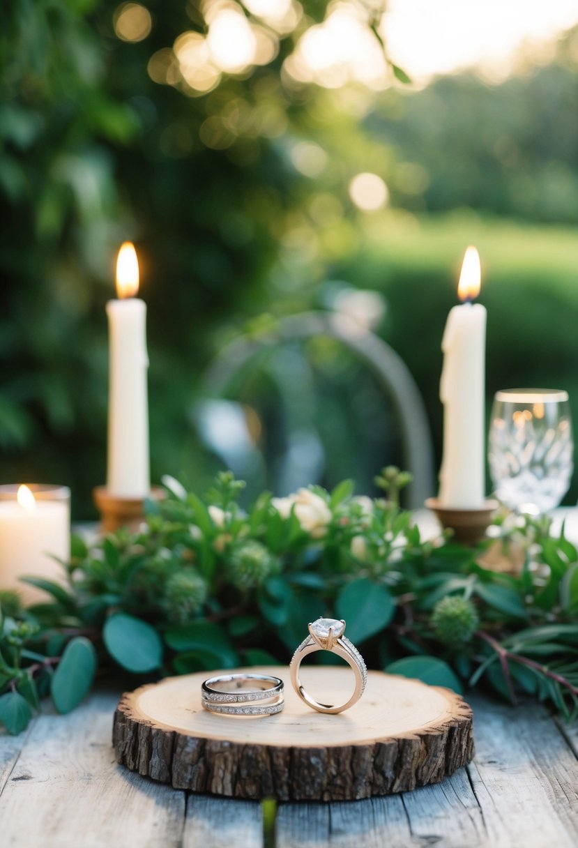 A serene outdoor wedding setting with two intertwined rings displayed on a rustic wooden table, surrounded by lush greenery and soft candlelight