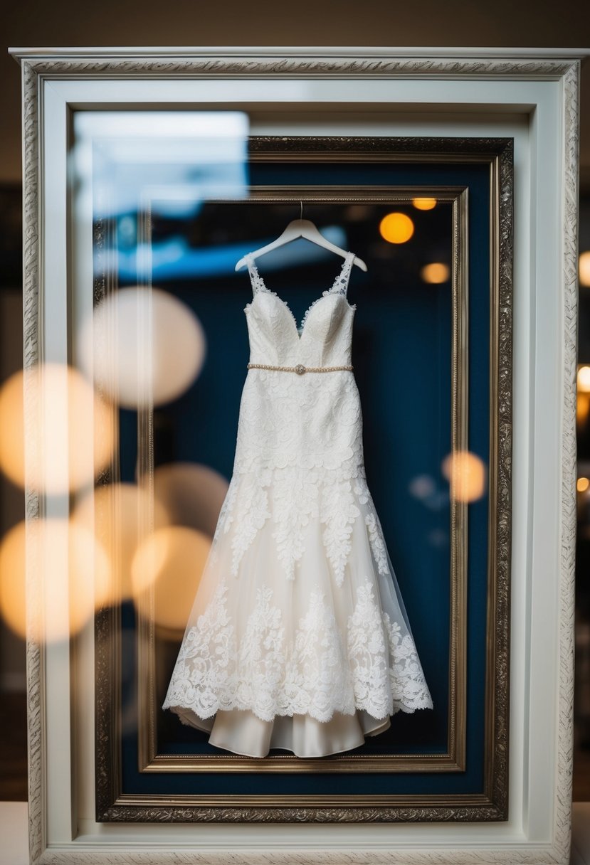 A delicate lace wedding dress displayed in a shadow box with intricate framing